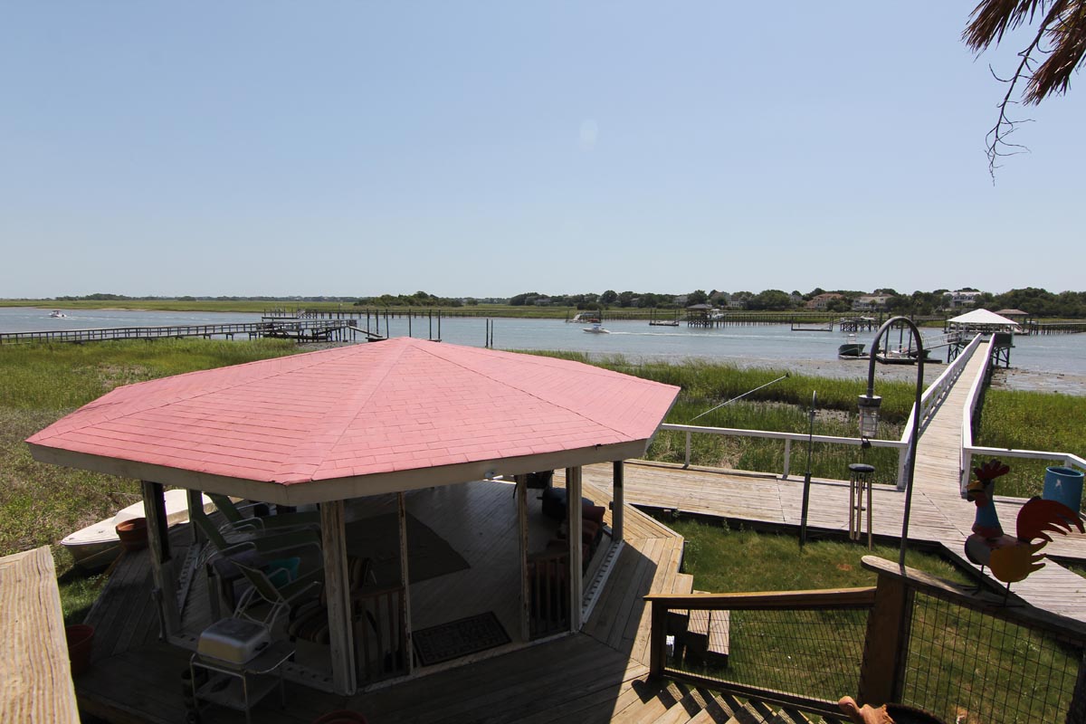 Aerial view over Goat Island's waterfront gazebo, dock, and the Intracoastal Waterway